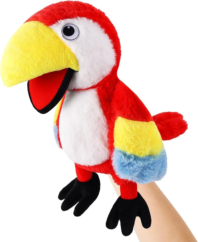 Animal Hand Puppets 11 Inch Bird Plush Toucan Owl Eagle Parrot Flamingo Peacock Puppet Toys Role-Play Puppets for Kids Storytelling Imaginative Pretend Play Teaching Preschool(Parrot)