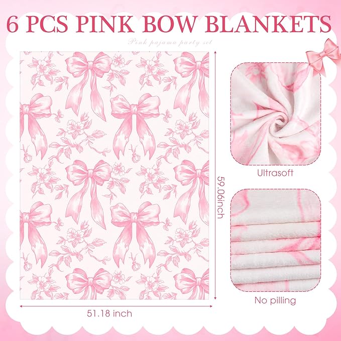Honeydak 36 Pcs/ 6 Sets Sleepover Party Supplies Throw Blankets Fuzzy Socks Bow Eye Masks Headbands Wristbands with Bags for Slumber Spa Party Favors Girls Women Coquette Gifts
