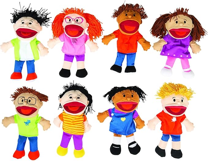 Fun Express Hand Puppets for Kids - 8 Multicultural Plush Puppets with Movable Mouths for Speech Therapy, Social Emotional Learning & Dramatic Play | 14 Inch Educational Toys for Classroom & Home Use