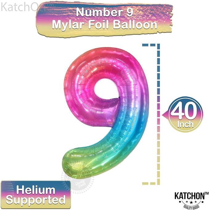 KatchOn, Rainbow Number 9 Balloon - 40 Inch | Foil 9 Birthday Balloon for 9th Birthday Decorations | Number Balloons for Anniversary Decorations | Rainbow Party Decor