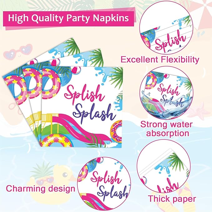 CHUNNIN 96Pcs Pink Splish Splash Plates and Napkins Summer Pool Birthday Party Decorations Splish Splash Bash Dessert Plates Summer Beach Tableware for 24 Guests Girls Hawaiian Party Supplies