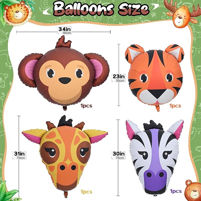4pcs Large Jungle Safari Animal Balloons (23–34 In), Tiger Giraffe Zebra Monkey Head Foil Balloons for Kid Boys Jungle Safari Theme Birthday Party Wild One Zoo Woodland Baby Shower Party Decorations