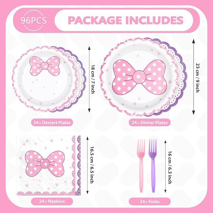 96Pcs Cartoon Mouse Party Decorations Cute Mouse Birthday Paper Plates and Napkins Tableware Sets Pink and Purple Bows Themed Decor for Girls Holiday Birthday Party Supplies Serves 24