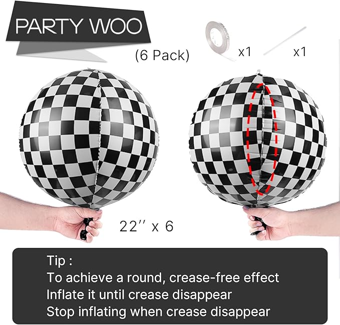 PartyWoo Checkered Foil Balloons 6pcs 22 Inch Large Round Foil Big Giant 4D Jumbo Inflatable Mirror Ball Mylar Balloons for Race Car Emo Checkered Themed Birthday Graduation Party Decorations