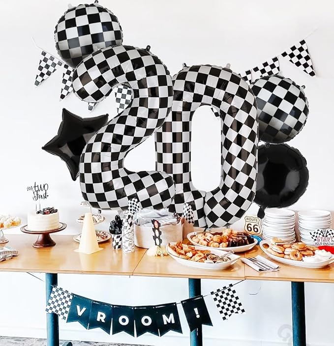 40 Inch Checkered Number Balloon 0 Black and White Race Car Birthday Balloons Baby Hippie Smile Party Shower Boys 10th Birthday Race Car Theme Party Decor Supplies 5 Pcs