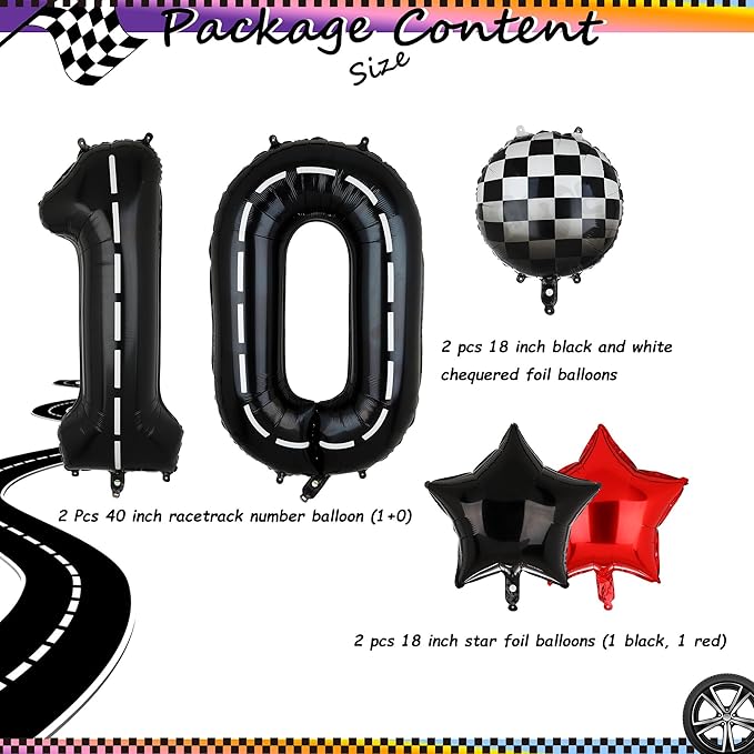 Race Car Birthday Balloons 40 Inch Racetrack Number Balloon 10 Black Boys 10st Birthday Race Car Theme Party Decor Supplies 6 Pcs
