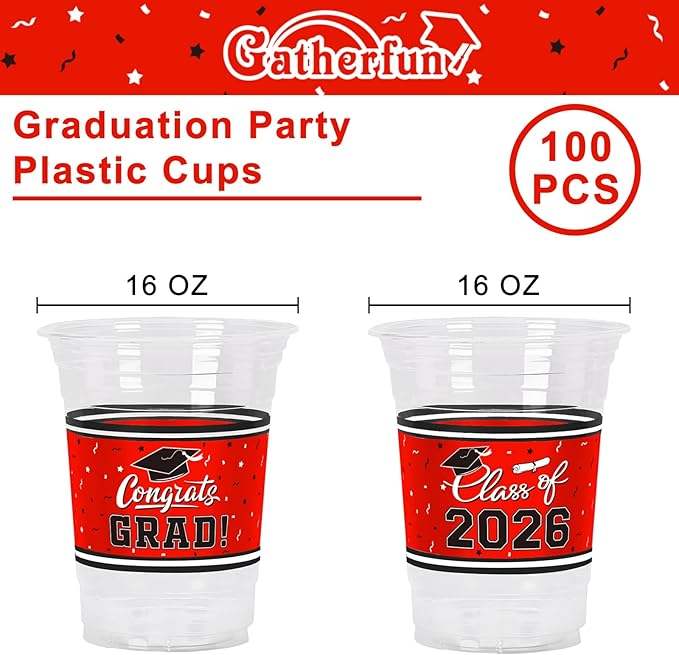 Gatherfun Class of 2026 Celebration - 100 Pcs 16oz Red Graduation Plastic Cups for Sturdy & Durable Drinkware for Grad Festivities | Essential Graduation Party Supplies & Decorations