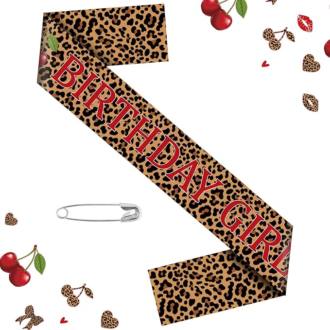 Cheetah and Cherry Birthday Sash - Cheetah Satin Print Cherry Theme Party Sash, Girls Nights Women Birthdays Leopard Party Decoration Supplies