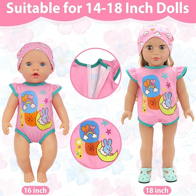 4 Set Doll Clothes, Baby Doll Clothes for 14 -16 Inch, 18 Inch Girl Doll Clothes Outfits and Accessories 7 Pcs Include Jumpsuit, Dresses, Headbands, Hats, Shoes (No Dolls)