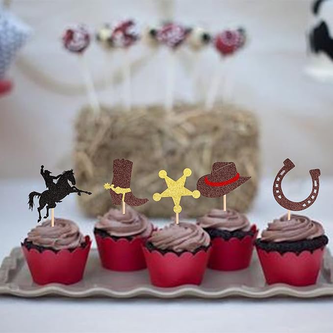 30 PCS Cowboy Cupcake Toppers Glitter HorseShoe Cowboy Hats Boots Cupcake Picks Western Theme Baby Shower Birthday Party Cake Decorations Supplies