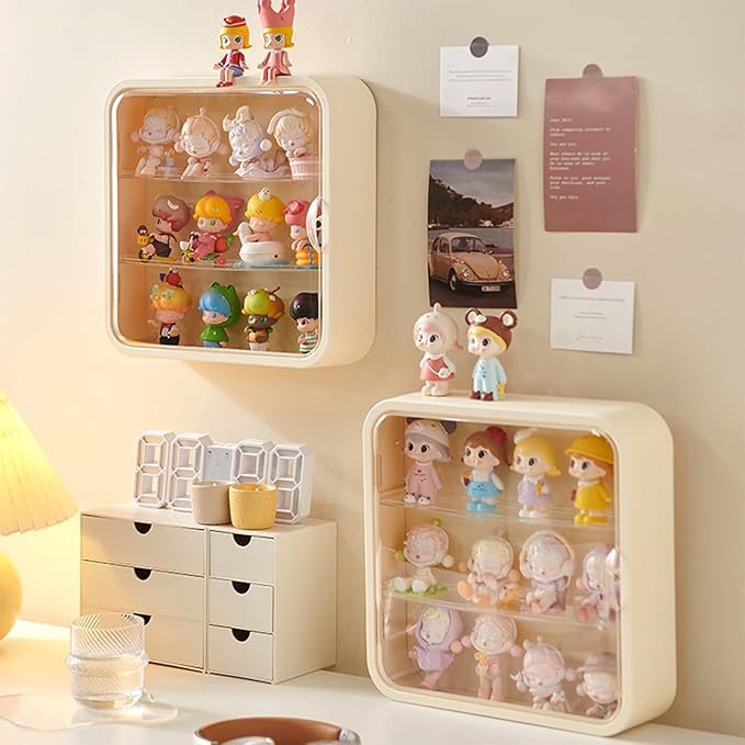 Clear Display Case for Figures, Wall-Mounted Doll Storage Box, Adjustable Display Stand with Door Dust and Moisture Proof Suitable for Lego Collectibles Action Figures Pop Mart (Cream)