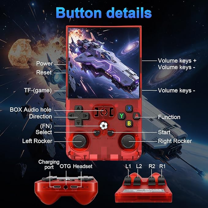 DVJQSN R36MAX Retro Handheld Game Console, 4.0 Inch Screen, 64GB, 18000+ Games, Linux System, 4000mAh Battery (Red Transparency, 64, GB)