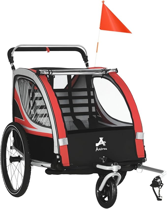 Aosom 2-in-1 Walk/Ride Child Baby Bike Trailer for Kids 2 Seater, High-Visibility Bike Stroller for Toddler Wagon, Weather-Strong Double Bicycle Trailer Accessory for Kids