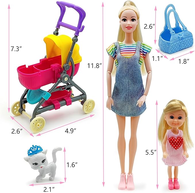 Dolls & Accessories Playset with Doll Transforming Stroller Dog Pet for Girls Ages 3-5-7-12 Birthday Gifts