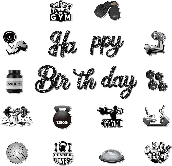 CC HOME 3Pcs Gym Happy Birthday Banner Barbell Boxing gloves Party Hanging Banner Fitness Theme Birthday Bridal Wedding Baby Shower Boys Girls Kids Home Classroom Party Supplies Decorations