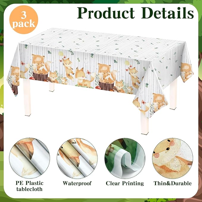 Oudain 3 Pcs Woodland Animals Plastic Tablecloth Forest Wild Creatures Baby Shower Table Covers for Woodland Themed Birthday Table Decoration Neutral Gender Reveal Decor Supplies 51 x 86.6 Inch