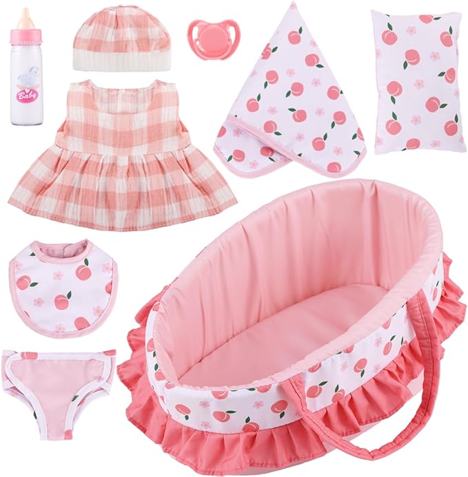 GAGAKU Baby Doll Bassinet Carrier, 12 Inch Baby Doll Accessories Set, Baby Doll Carrier Accessories for 12 Inch Baby Dolls, Including Magic Baby Bottle, Bib, Pacifier, Diaper