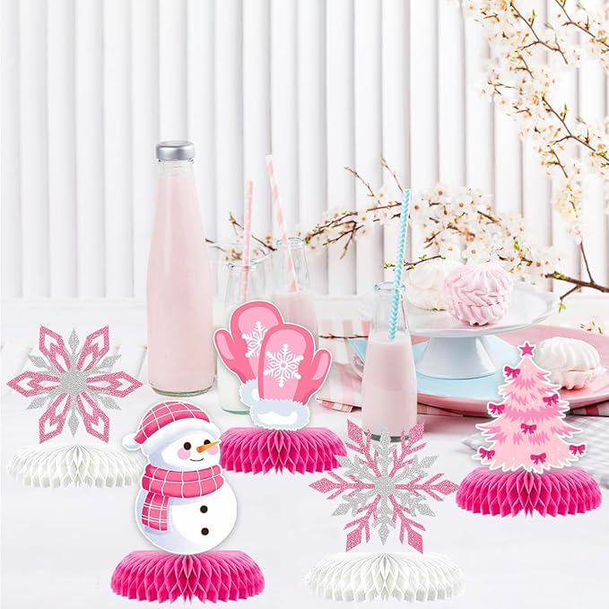 9Pcs Winter Wonderland Decorations 3D Snowflake Honeycomb Table Centerpieces for Frozen Winter Blue White Theme Christmas Baby Shower Birthday Party Supplies (Snowman Pink)