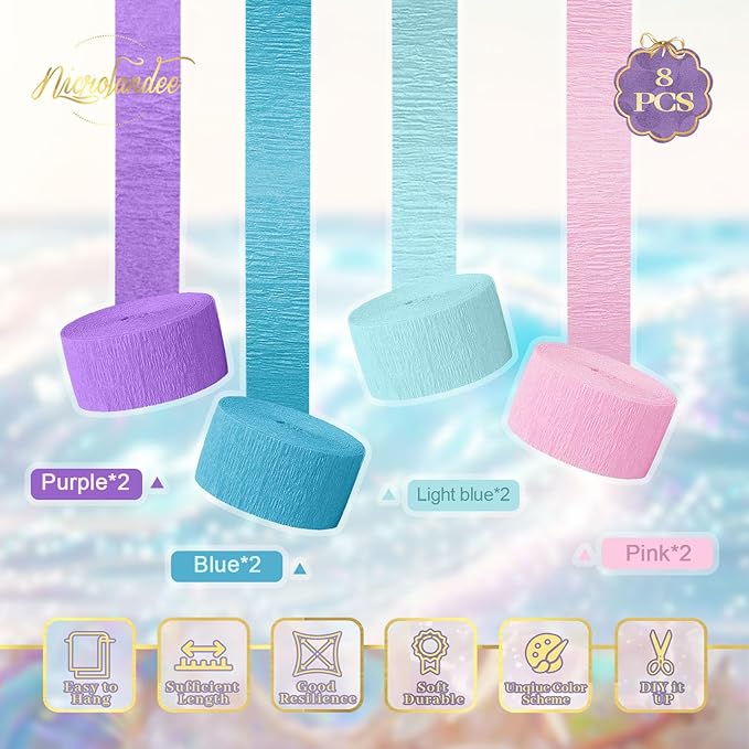 NICROLANDEE 8 Rolls Purple Pink Blue Crepe Paper Streamers 656ft for Girls Birthday, Baby Shower, Mermaid Theme Party Decorations, Princess Birthday Ocean Theme Party Decor for Girls