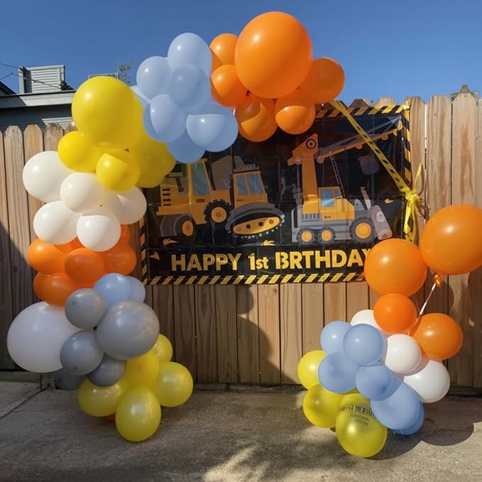 Construction Theme Balloons, 12 inch Orange Yellow Dusty Blue Latex Balloon for Construction Birthday Truck Excavator Theme Boys Transportation Party Supplies