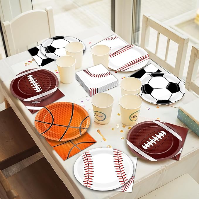 96 Pcs Sports Party Decoration Sport Plates and Napkins Basketball Football Baseball Dessert Cake Tableware Supplies Rugby Theme Activities Game Disposable Paper Party Dinnerware Favor