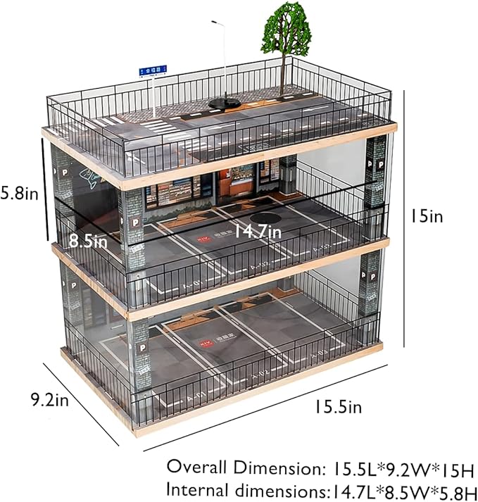 1:24 Scale Car Model Display Case with Parking Lot Scene for Sports Car and Lego Collectors, Display Stand for Alloy Car Model Toy with Light (3-Tiers Coffee Shop Parking Lot)