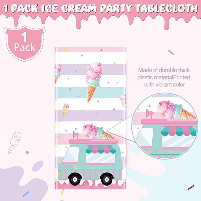 1 Pack Ice Cream Truck Tablecloth Party Decorations, Ice Cream Birthday Plastic Table Cloth Party Supplies, Disposable Rectangle Table Cover for Kids Sweet One Birthday Baby Shower, 54 x 108 Inch