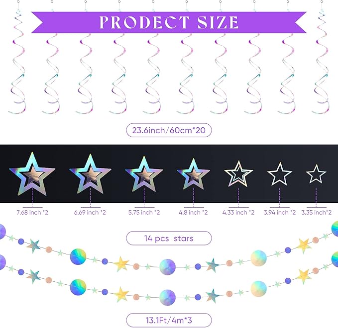 37 Pieces Iridescent Holographic Party Decorations Glitter Swirl Streamer Galaxy Garland Hanging Bling Star Party Supplies Circle Dot Swirl Streamer for Wedding Disco Birthday Decorations