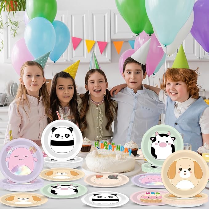 60 Pcs Animal Theme Birthday Party Decorations Cute Animals Theme Plates Pet Party Supplies Tableware Squish Kawaii Animal Plate Set Squish Animals Dinnerware for Kids Baby Shower Birthday Supplies
