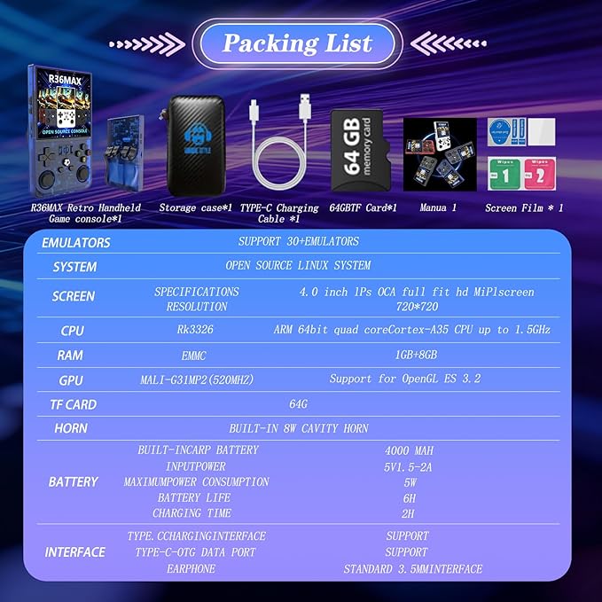 R36MAX 4000mAh Portable Rechargeable Handheld Retro Game Console,Comfort Non-Slip Handheld Standing Retro Game Console with 64G TF Car,4.0-inch Screen,for Office,Blue