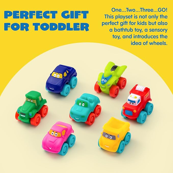 JOYIN Cartoon Cars, Soft Rubber Toy Car Set, Mini Vehicles, Bath Toy Car for Toddlers, Christmas Great Gift for Boys and Girls, Summer Beach and Pool Activity, Party Favors for Kids, Easter Basket