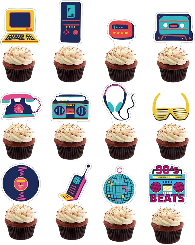 Cupcake Topper 24 pcs Retro Cake Toppers 90's Vintage Theme Cake Decorations Supplies Favors, Cake Picks For Birthday Anniversary Baby Shower Wedding Engagement Party Decorations