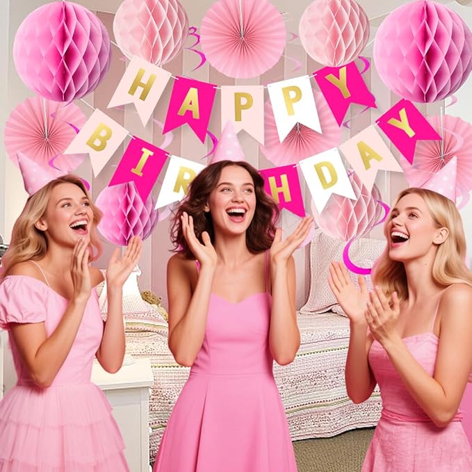 Pink Birthday Decorations Set for Women Girls Happy Birthday Banner Honeycomb Balls Paper Fans Hanging Swirl Streamers Tassels Complete Pink Birthday Party Decor Supplies