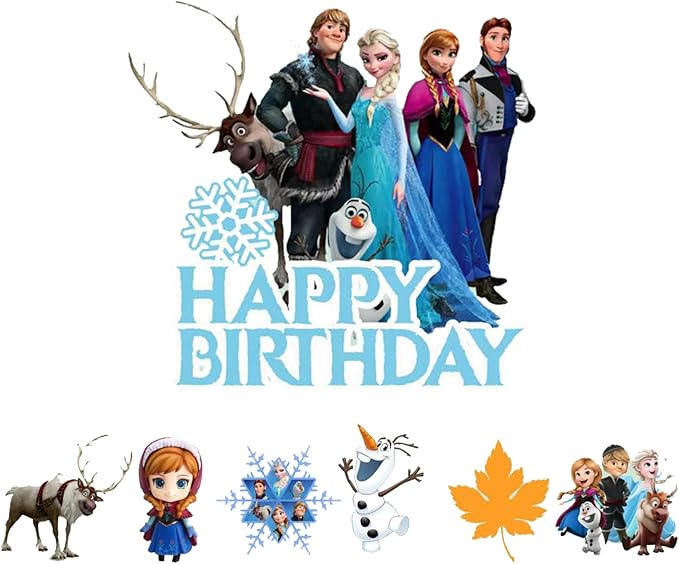 7Pcs Cute Blue Princess Birthday Cake Decorations，1 Large, 6 Small Snow Theme happy Birthday Cake Toppers，For Ice Birthday Party Supplies (B)