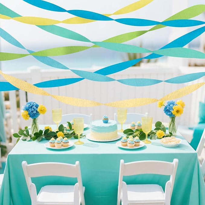 Crepe Paper Streamers Party Decorations, 6 Rolls of Blue, Pastel Blue, Green and Lime Party Streamers for Birthday Wedding Baby Shower Party Decorations Supplies