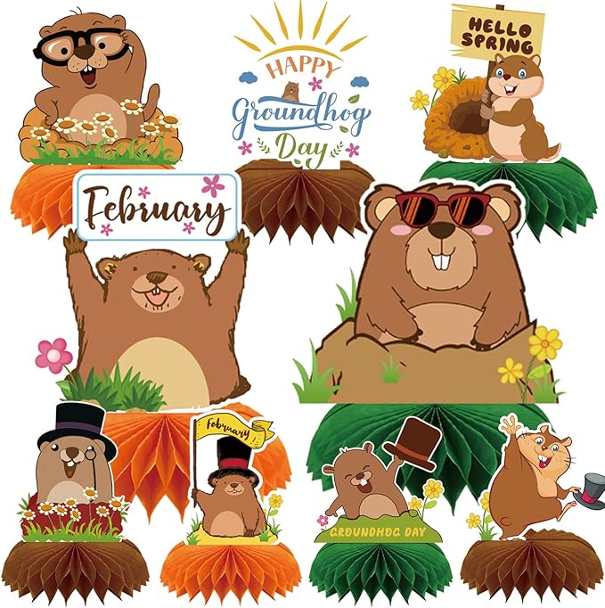 Gameza Groundhog Day Decorations, 9PCS Cute Groundhog Day Party Table Decoration, Happy February Honeycomb Centerpieces Party Decor Supplies for Weather Forecast Spring