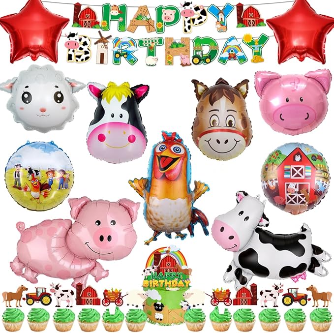 37pcs Farm Animal Theme Party Balloons, Cupcake Farm Cow Print Sheep Pig Donkey Mylar Foil Balloons Baby Shower Boy Girl Birthday Party Decor Supplies (red)