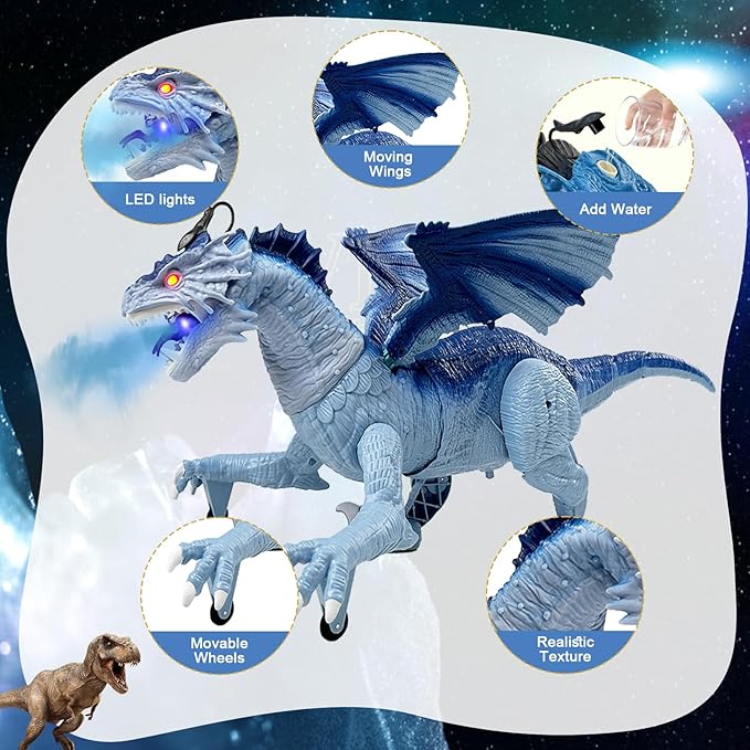 Remote Control Dragon, Dragon for Kids with Spraying, Roaring, Swaying Head, Wings, Light-Up Interactive Robot Dinosaur Toys for Boys and Girls, Blue