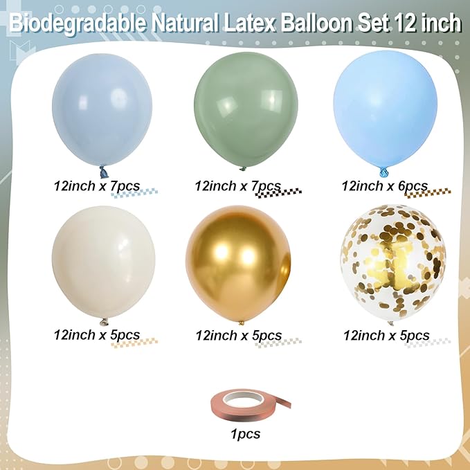 Dusty Sage Green Blue Balloons, Muted Slate Blue Green Gold Balloon, 12 Inch Olive Green Cream White and Gold Balloon for Woodland One Silly Goose Lucky Birthday Decor Baby Bridal Shower Decorations