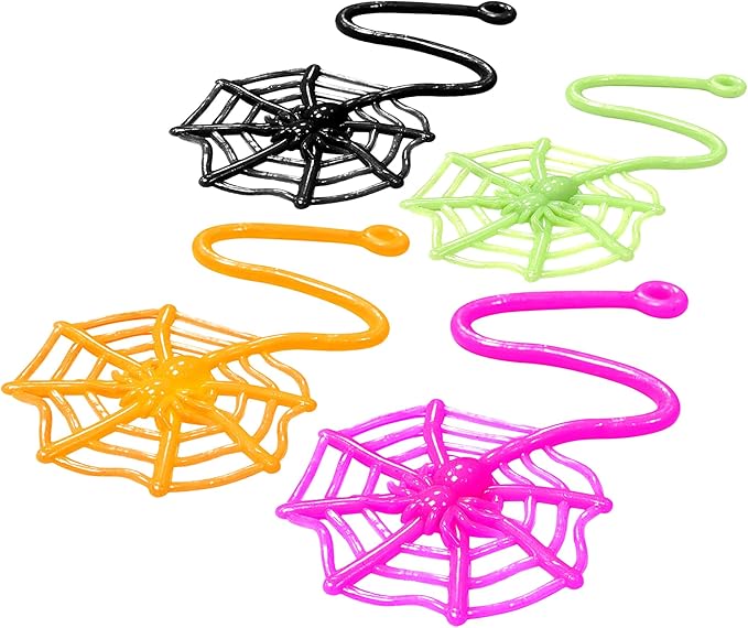 Glow Fever 24Pcs Sticky Spider Web Party Favors Pack, 7.5 inches in Total Length, Halloween Party Favors, Gifts For Birthday, Goodie Bag Classroom Prizes, 4 colors