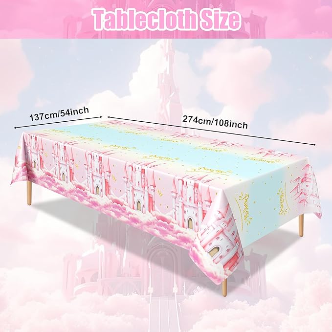 3pcs Princess Party Tablecloth, 54 x 108 Inch Pink Castle Plastic Table Cover, Princess Birthday Party Decorations for Fairytale Themed Party, Baby Shower, Girls Birthday Party Supplies