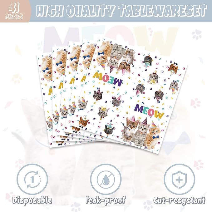 41pcs Cat Party Supplies,Pet Cat Birthday Party set Include dessert plate,Napkin and Tablecloth,Used for Cat Birthday Party Decoration