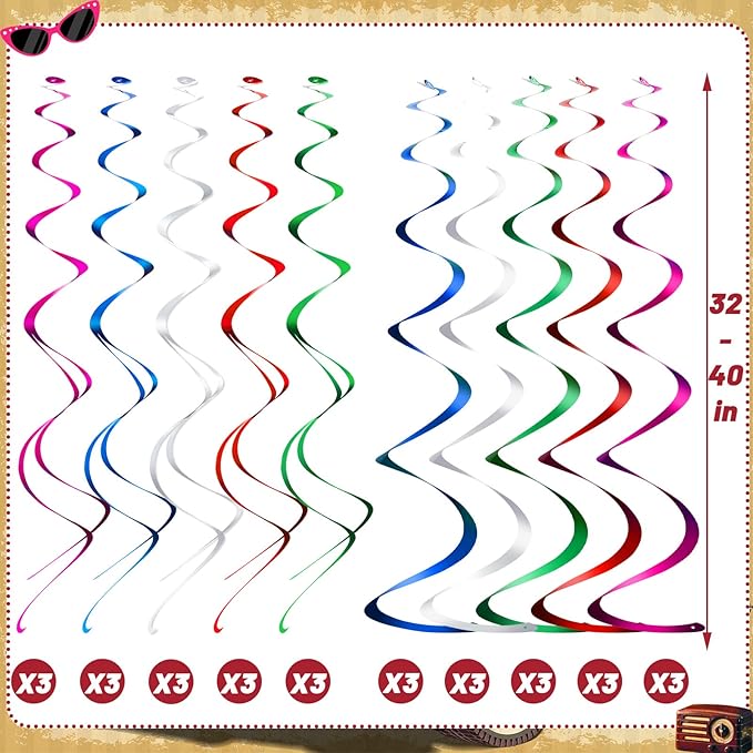30 Pieces 1950's Rock and Roll Party Decorations Sock Hop 50s Foil Swirl Rock Themed Party Supplies Soda Shop Hanging Swirls Ceiling Decorations for 50's 60's Theme Supplies