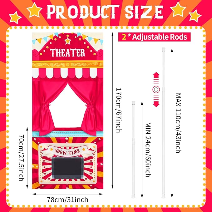 VitalCozy Doorway Puppet Theater with 2 Adjustable Rods Fits in Most Doorways 67 x 31 Inch Foldable Hanging Puppet Show Theater for Christmas Holiday Home(Theater Style)