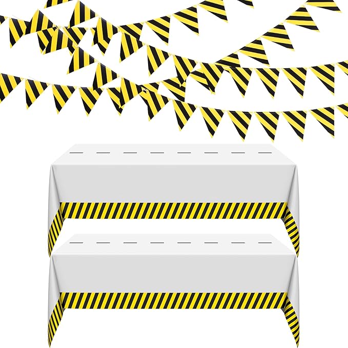 6 Pcs Construction Tablecloth Banner Birthday Party Supplies Decorations 4 Banners 2 Table Cloths Workplace Safety Decor Dump Truck Excavator Party Favors(White,Stripe)