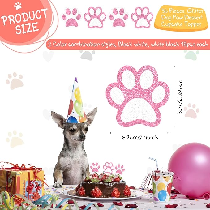 36 Pcs Paw Cupcake Toppers Pink Glitter Dog Paw Cake Decorations Glitter Puppy Cupcake Toppers for Baby Shower Boys Girls Birthday Party Cake Supplies (2 Styles)