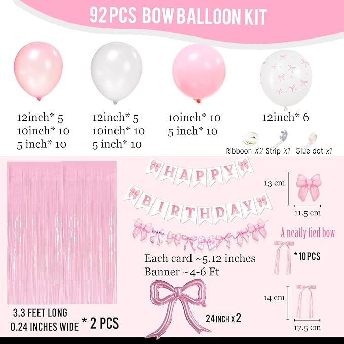 Pink Bow Party Decorations - Coquette Birthday Decorations Include Banner Pearl Pink White Printed Balloons Metallic Tinsel Foil Fringe Curtains Ribbon Bow Theme Supplies for Girls Bachelorette Decor