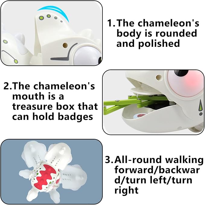 Interactive Remote Control Chameleon Simulation Toy for Kids - 2.4GHz RC Reptile with 5 Sound Effects, 12 Color Lights, Extending Tongue & Wagging Tail, Children Aged 3-12 Discovery Toys (White)