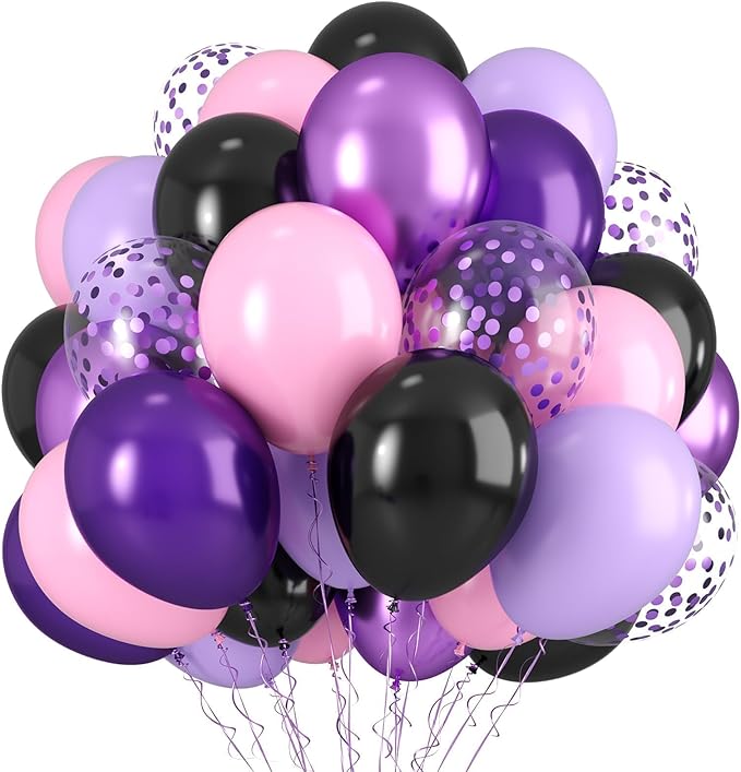 Purple Pink Black Balloons, 12 Inch Pink Black Macaron Dark Metallic Purple Confetti Balloons for Girls Women Wedding Bridal Shower Baby Shower Birthday Party Decorations