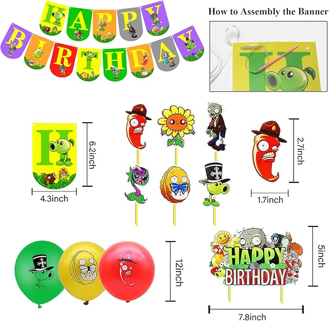 Plants Game Theme Birthday Party Decoration Set with Zombies Birthday Banners, Cake-Cupcake Topper , Balloons for Kids Boys Game Players PVZ Party Decor, 32PCS In Al